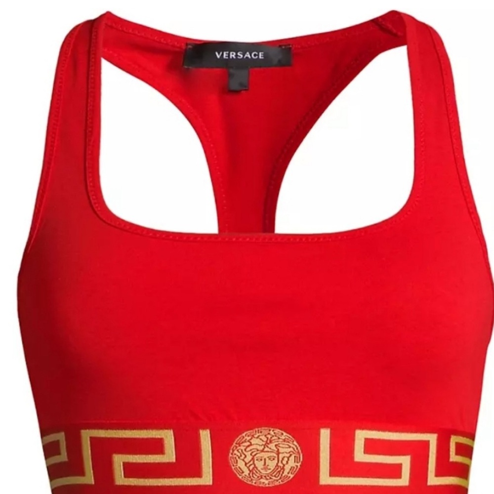 Versace Greca Border Scoop Bralette, Red Sports Bra with Gold Accents - size 2